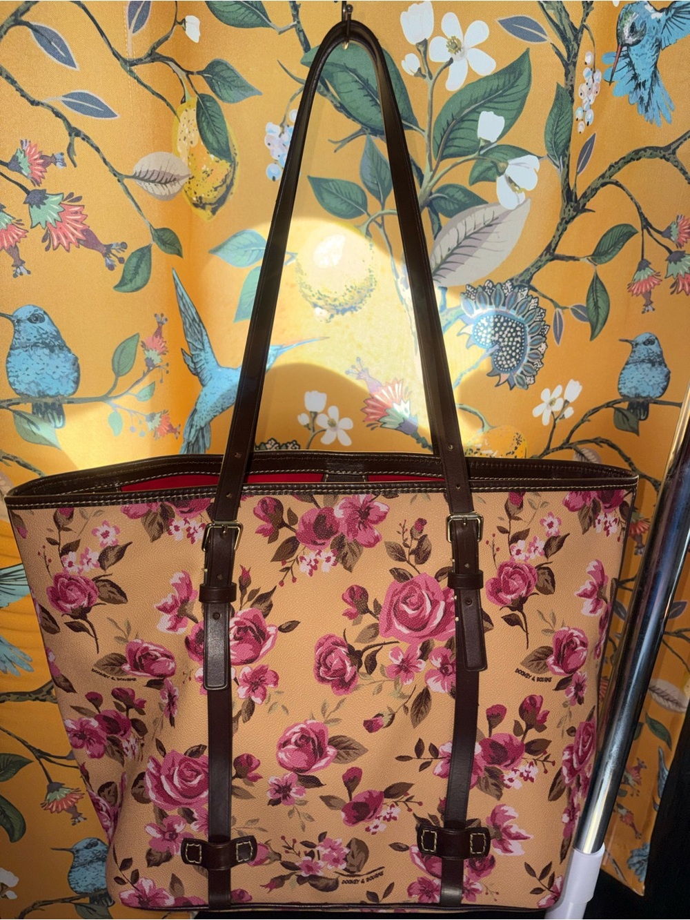Dooney & Bourke Pink Floral Tote on Tan - Picture 3 of 8